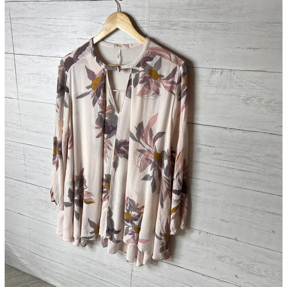 Free People Dress Womens Size XS Pink Floral Tree Swing Tunic Puff Sleeves